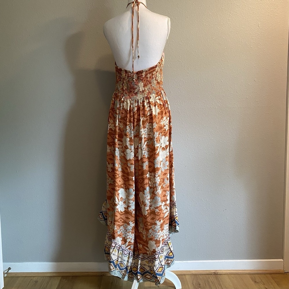 Angie Boho Mixed Print Halter Jumpsuit L | Wide Leg Ruffle Hem Festival Style - Picture 5 of 11